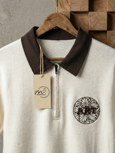 Modastitch Premium Half-Zip Polo T-Shirt for Men – Cream & Brown Casual Luxury Tee