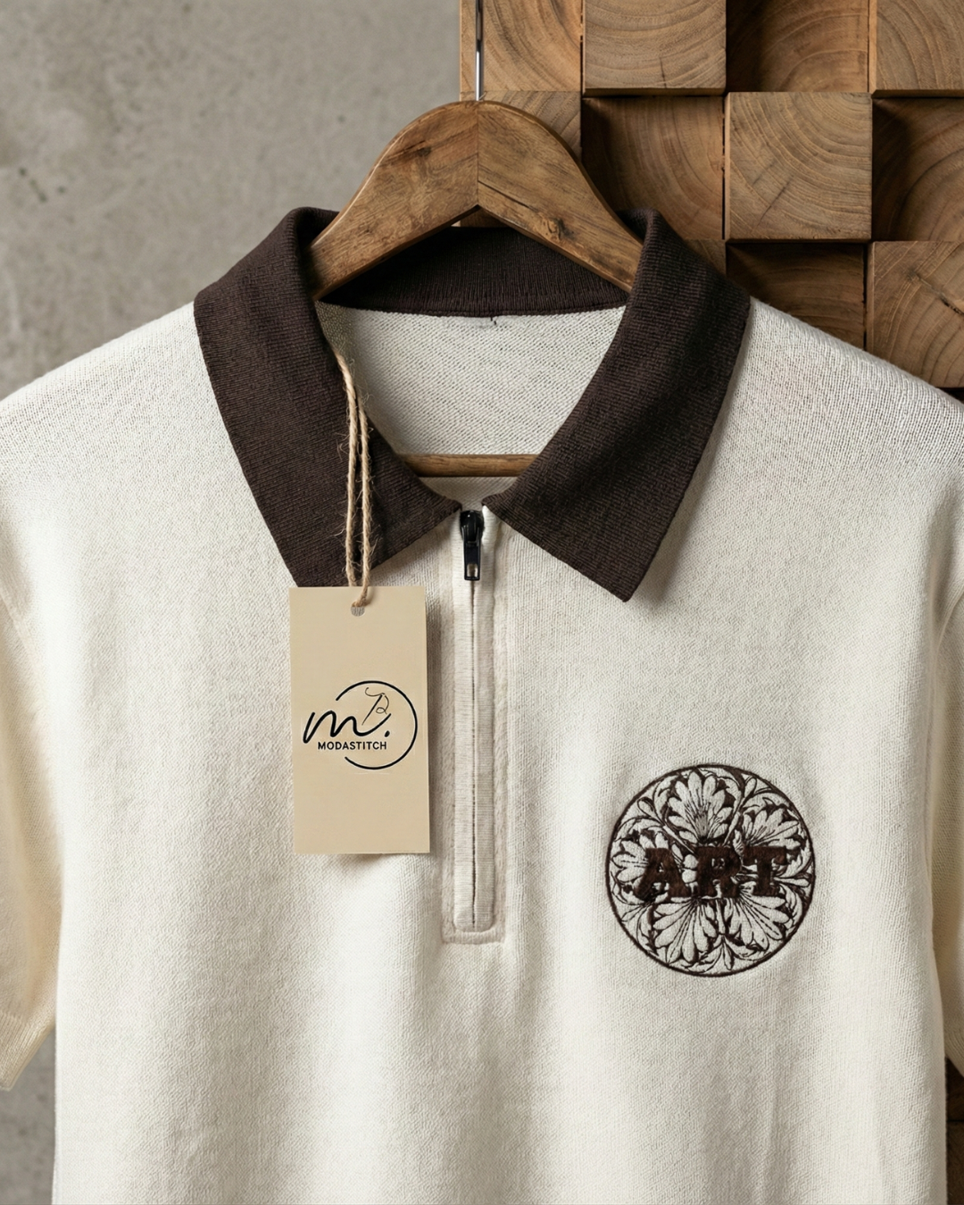 Modastitch Premium Half-Zip Polo T-Shirt for Men – Cream & Brown Casual Luxury Tee