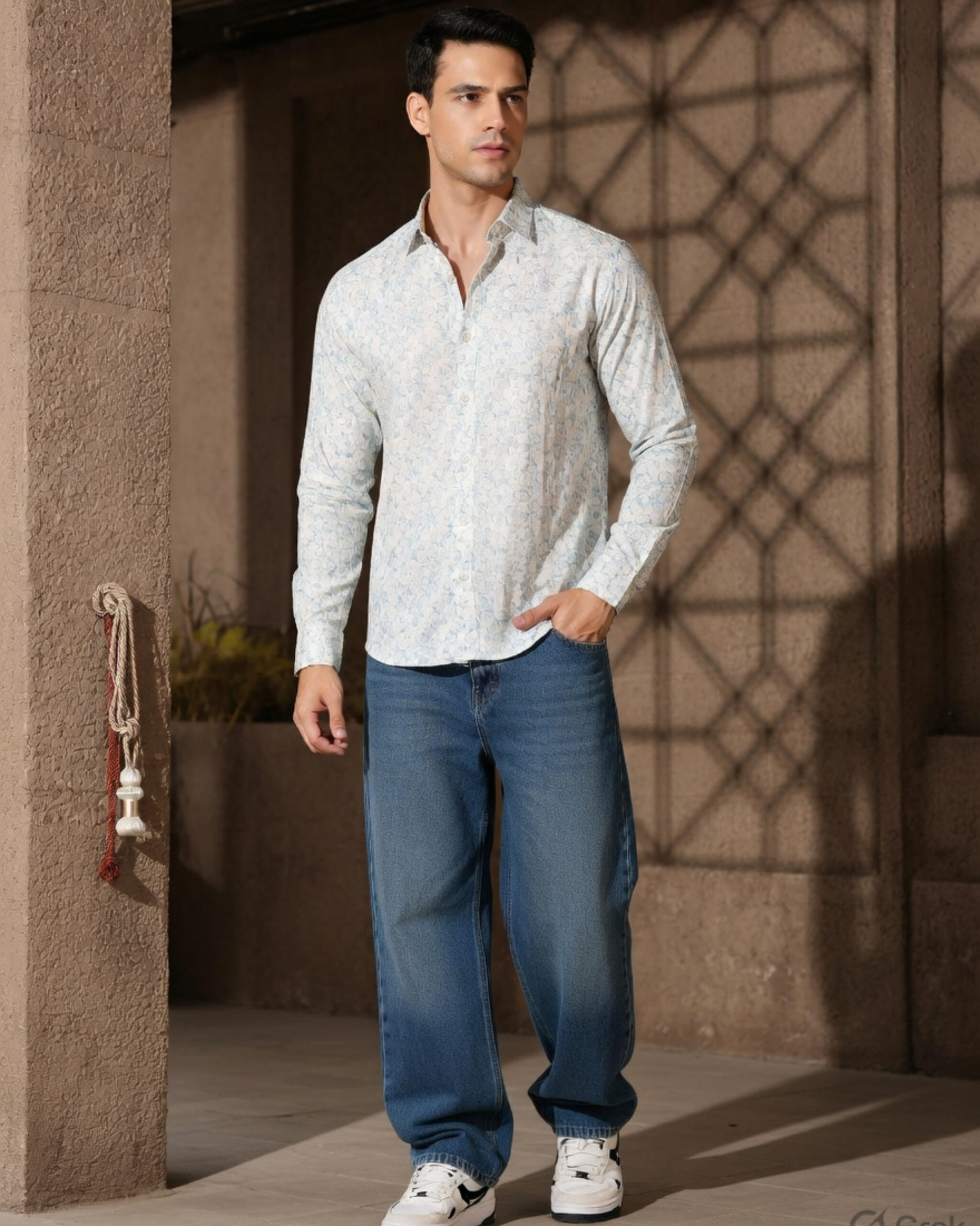White Blue Floral Print Shirt for Men – Casual Floral Printed Shirt - Image 2