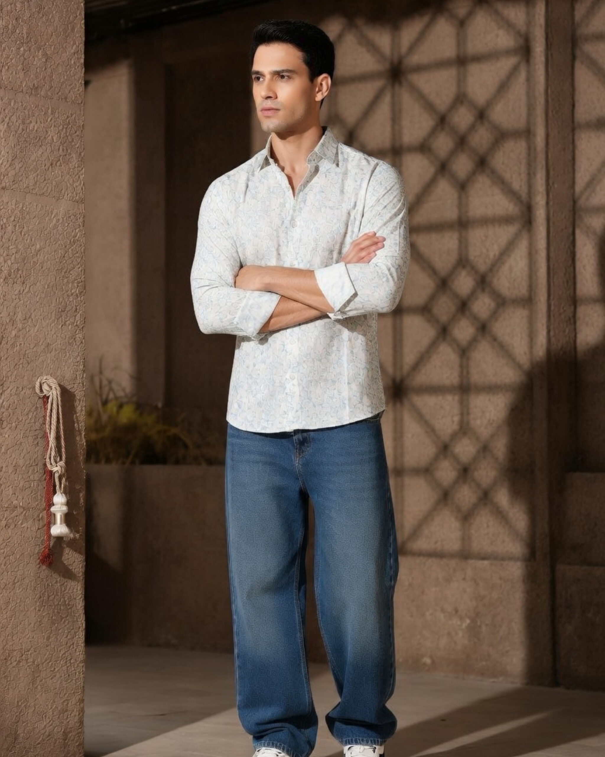 White Blue Floral Print Shirt for Men – Casual Floral Printed Shirt - Image 3