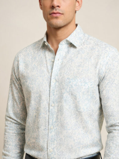 White blue floral print shirt for men with blue floral pattern design