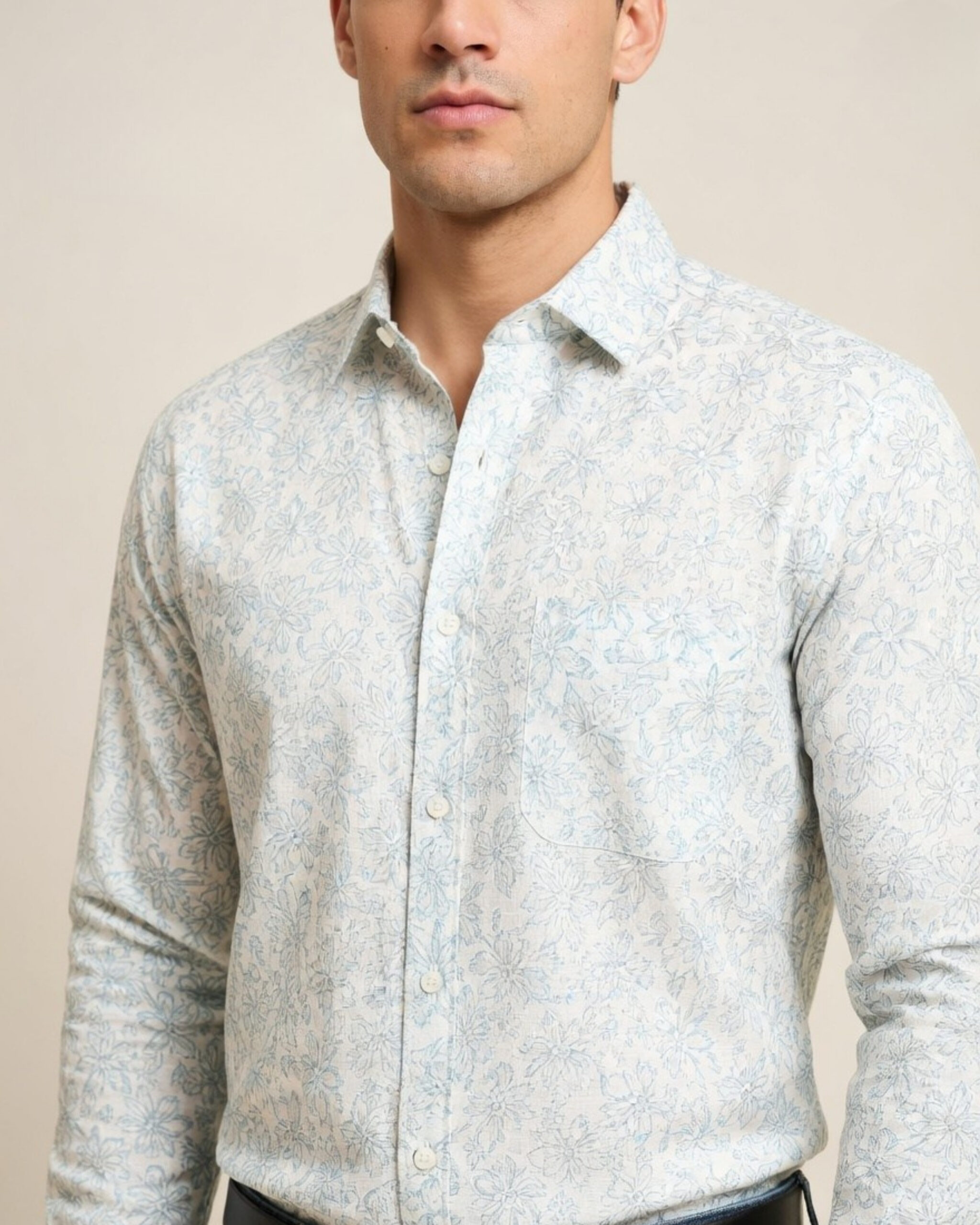 White blue floral print shirt for men with blue floral pattern design