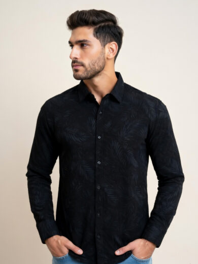Black printed full sleeve shirt for men with all-over print design