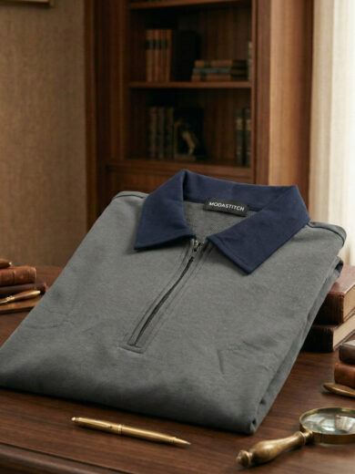 Grey and blue contrast polo tee with classic polo collar and contrasting blue accents