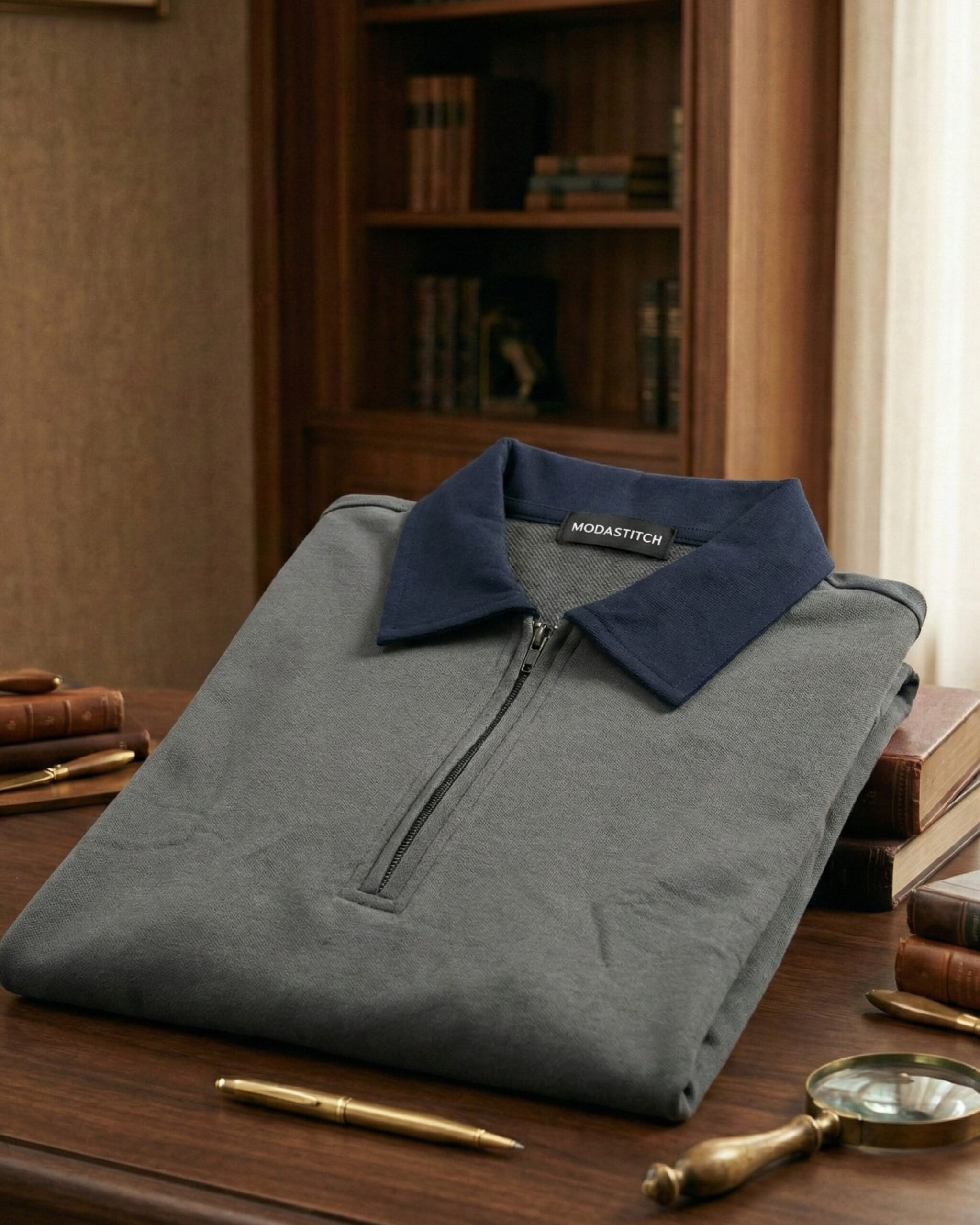 Grey and blue contrast polo tee with classic polo collar and contrasting blue accents
