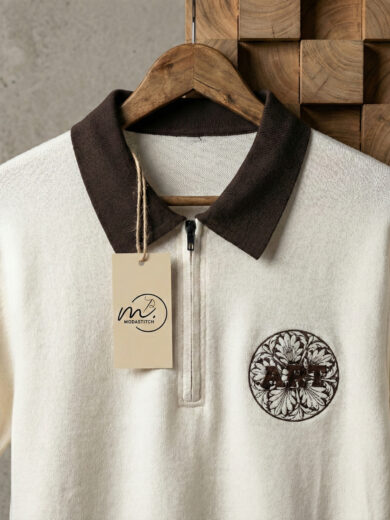 Vintage Crest Quarter-Zip Knit Polo in off-white with brown collar, quarter-zip closure, and crest embroidery on the chest
