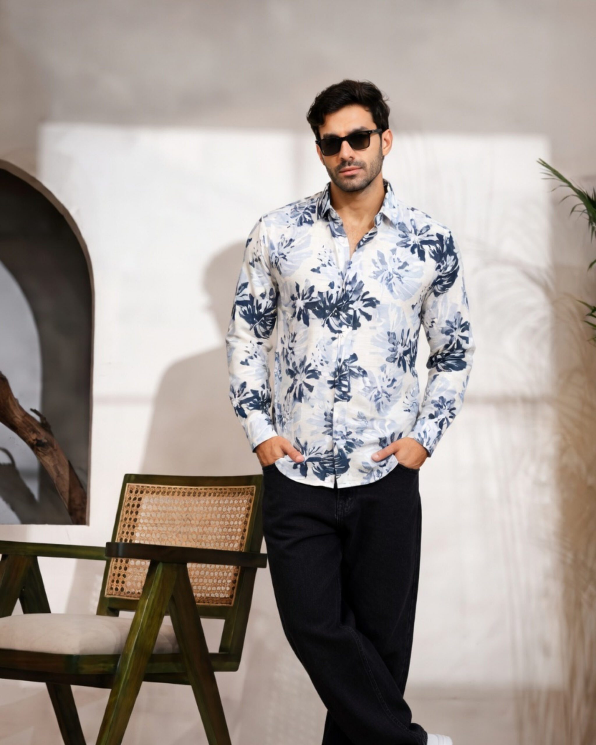 Blue and White Floral Print Full Sleeve Shirt for Men - Image 2