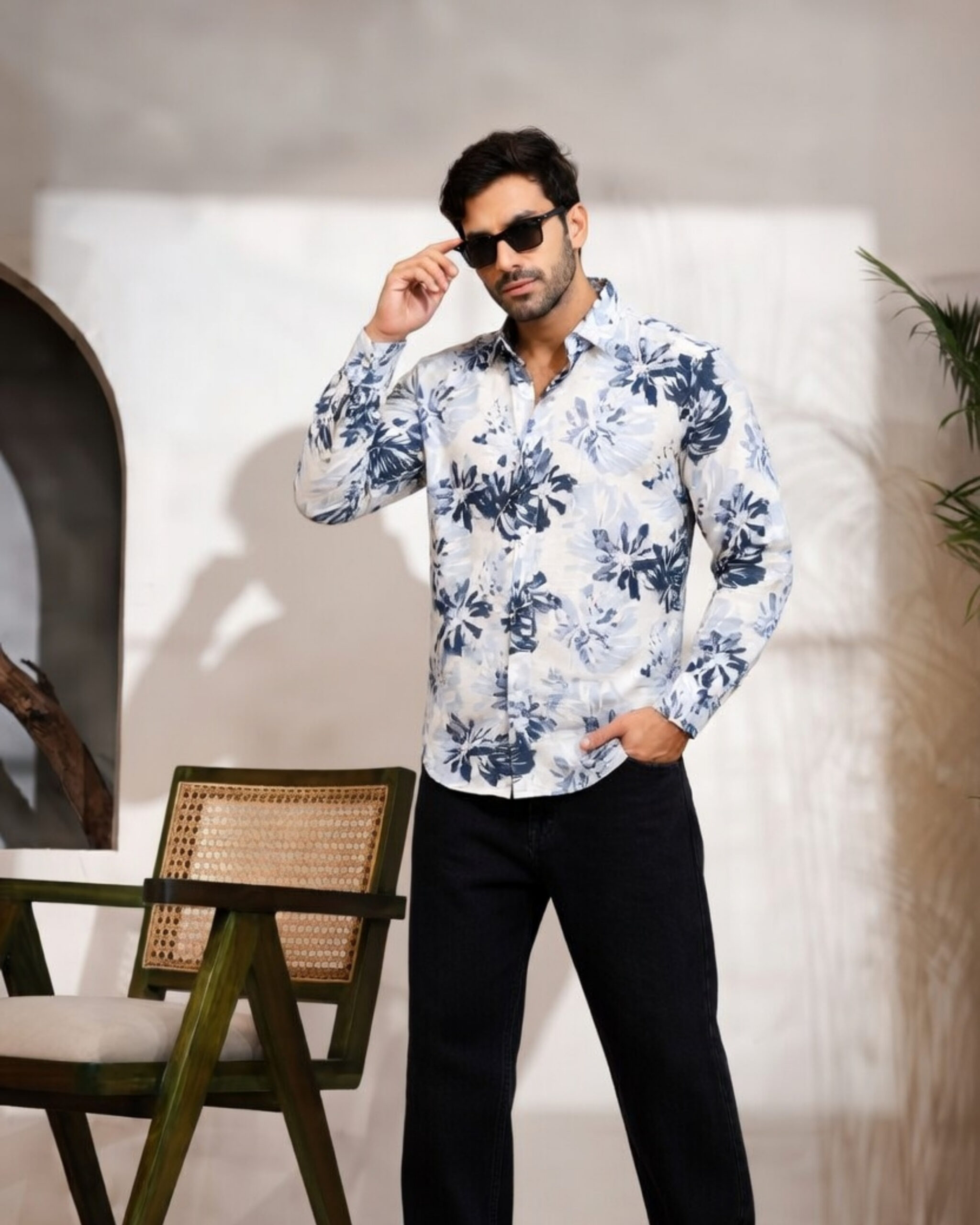 Blue and White Floral Print Full Sleeve Shirt for Men - Image 3