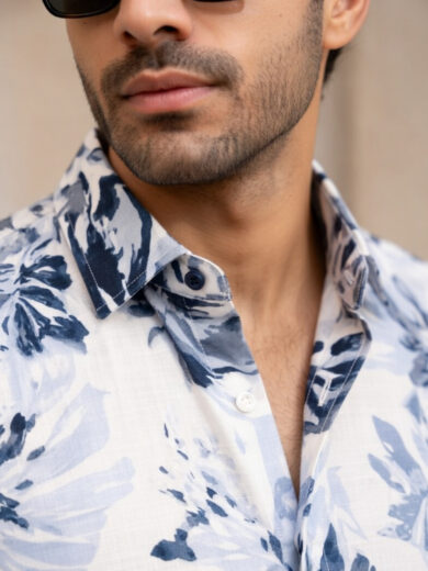 Blue and white full sleeve shirt with printed blue floral pattern