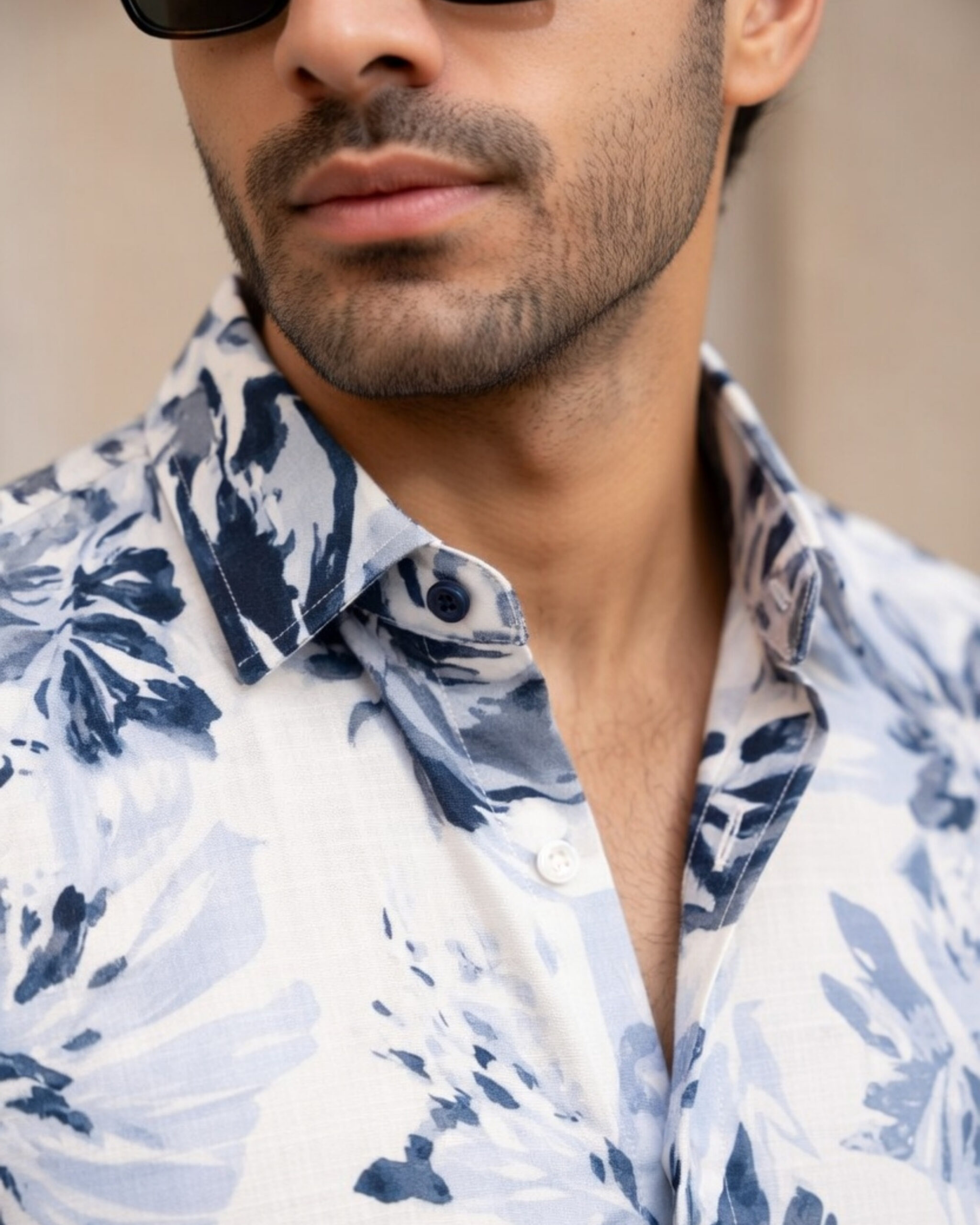 Blue and white full sleeve shirt with printed blue floral pattern